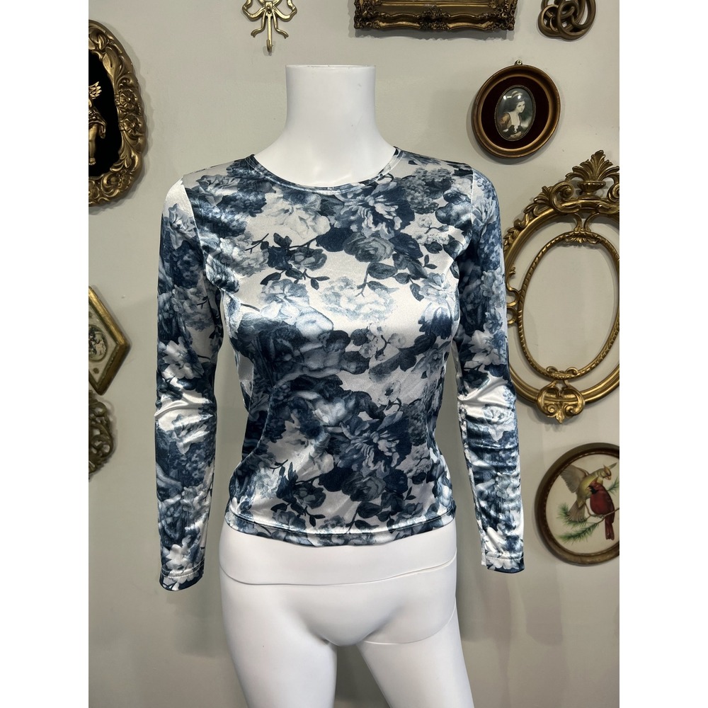Cheryl Creations Blue Floral & Angel Print Long Sleeve Top Size S